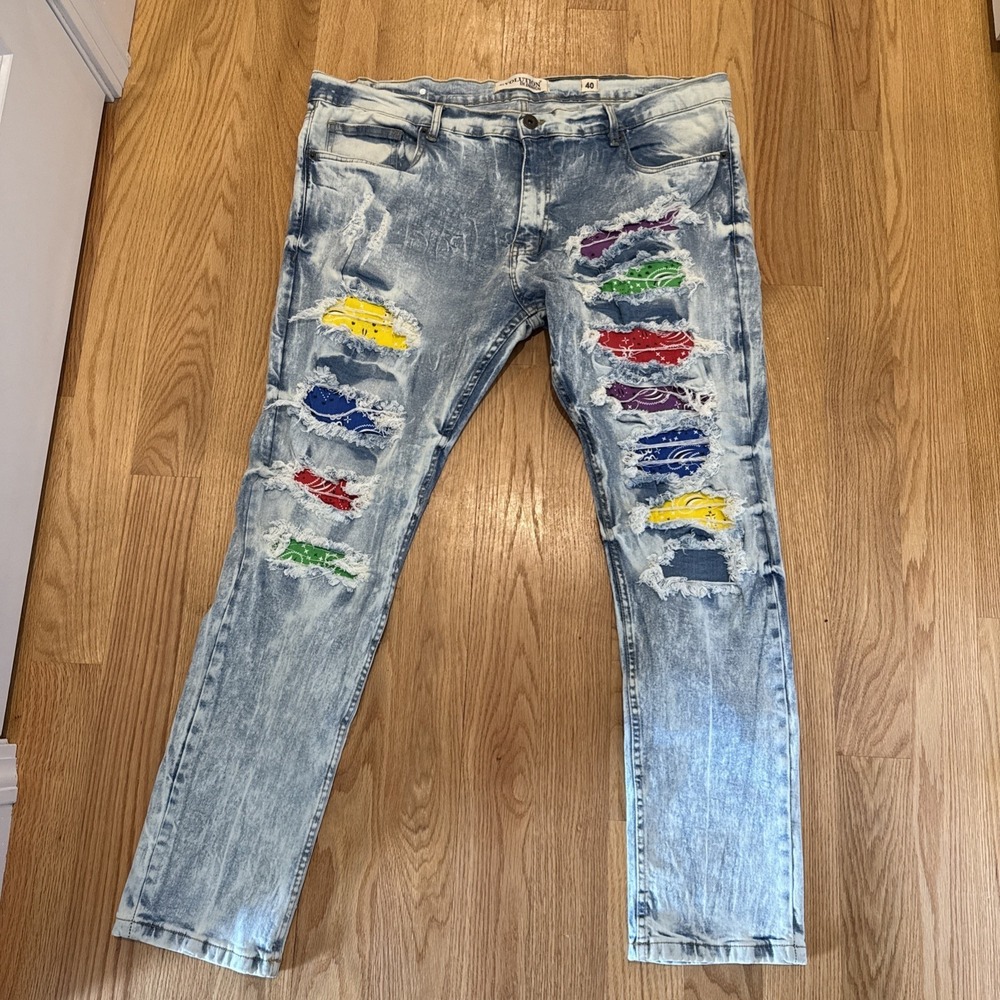 Evolution In Design Jeans Mens 40 X 32 Denim Distressed Patchwork Bandana Pants